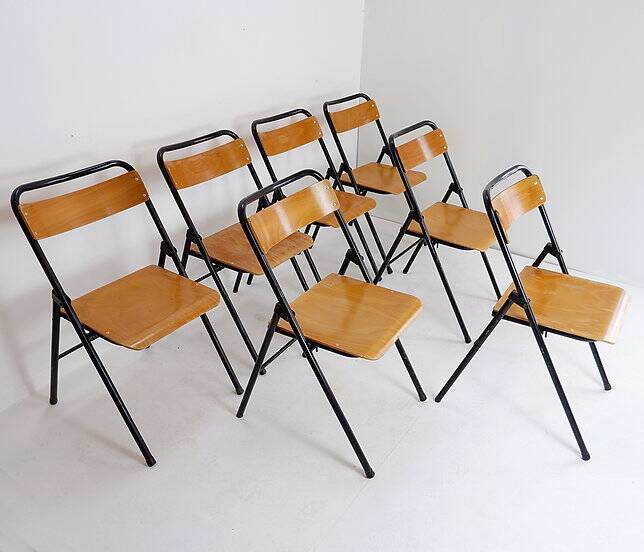 Vintage Set of 7 folding chairs in metal and wood - 1960s