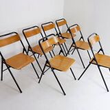 Vintage Set of 7 folding chairs in metal and wood - 1960s