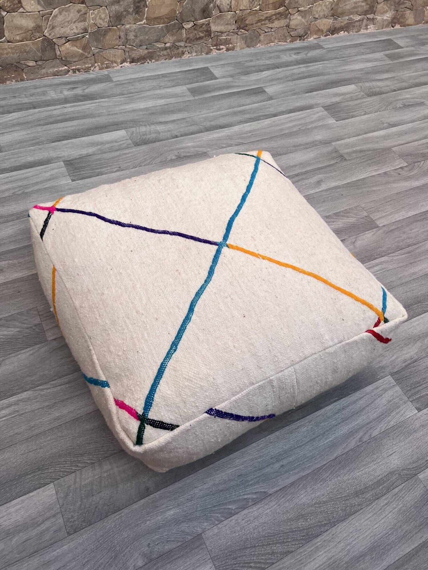 Azilal Kilim Moroccan Berber Pouf - 100% Wool and Cotton - Handwoven Floor Cushion
