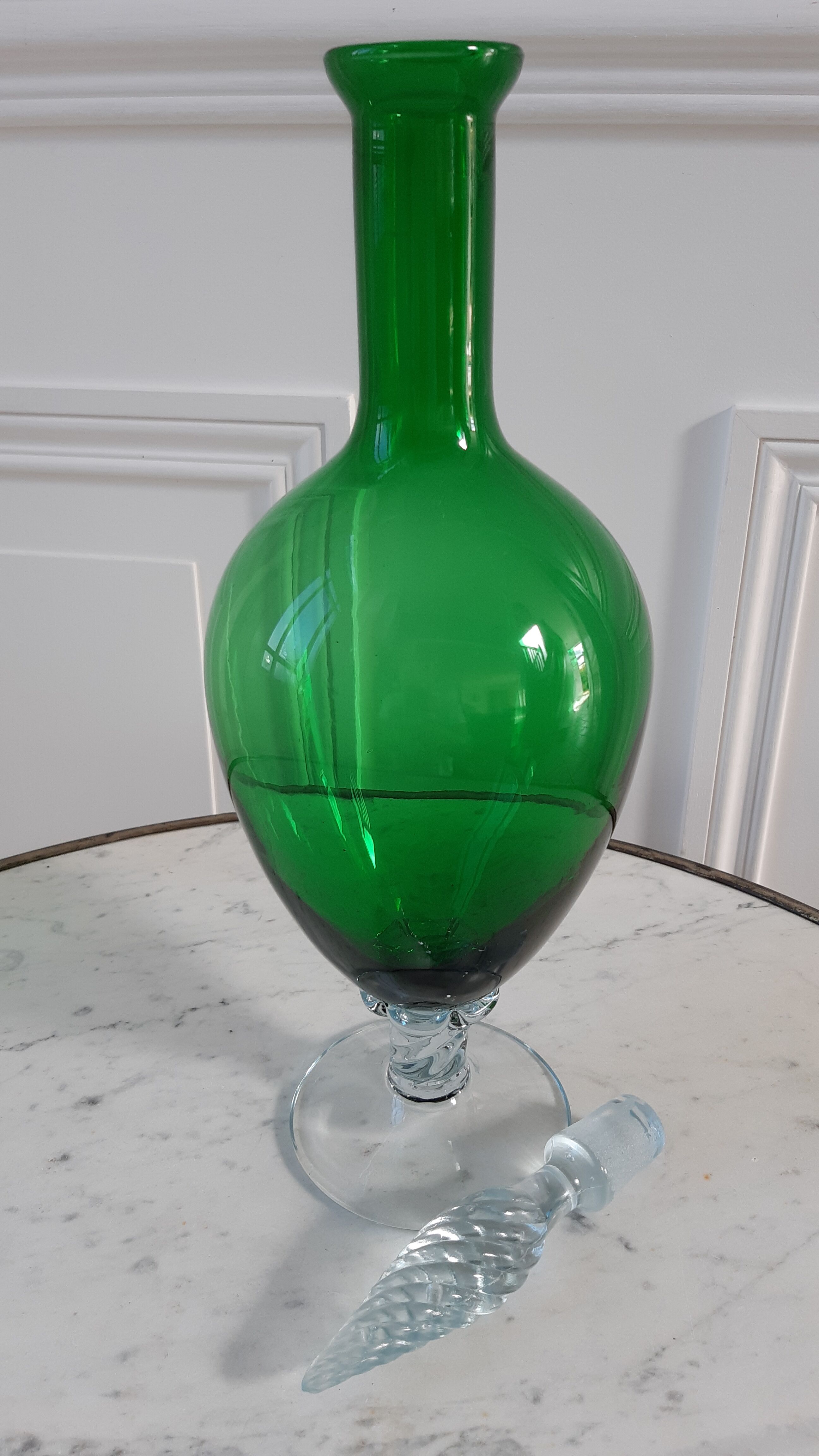 Duo of royal blue and green polished glass decanters 60s-70s