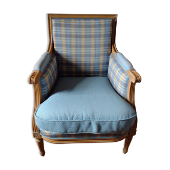 Louis XVI style blue checked bergère