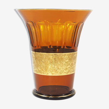 Art Deco Moser Karlsbad Large Amber Glass Vase with Oroplastic Frieze