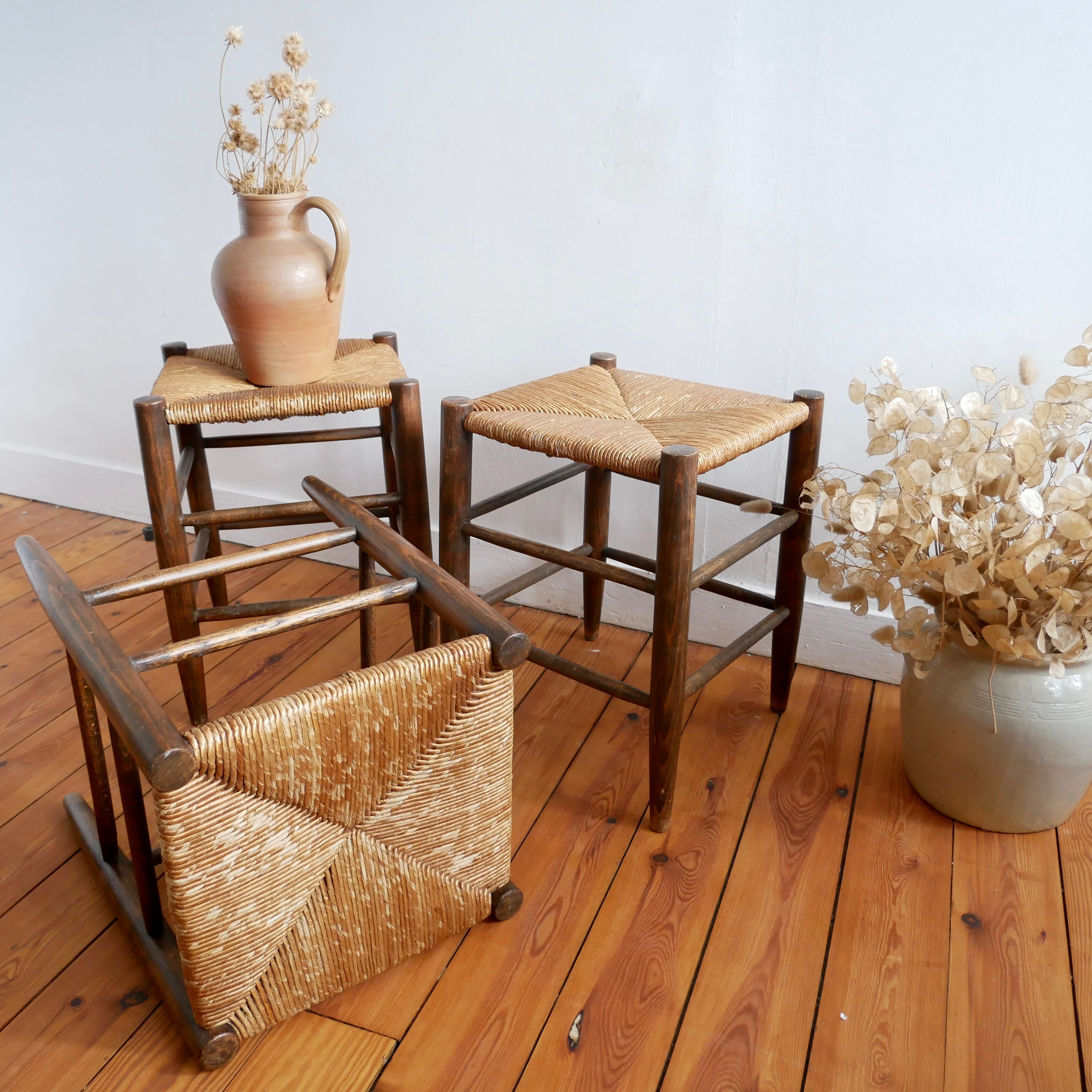 Set of 3 neo-rustic straw and wood stools