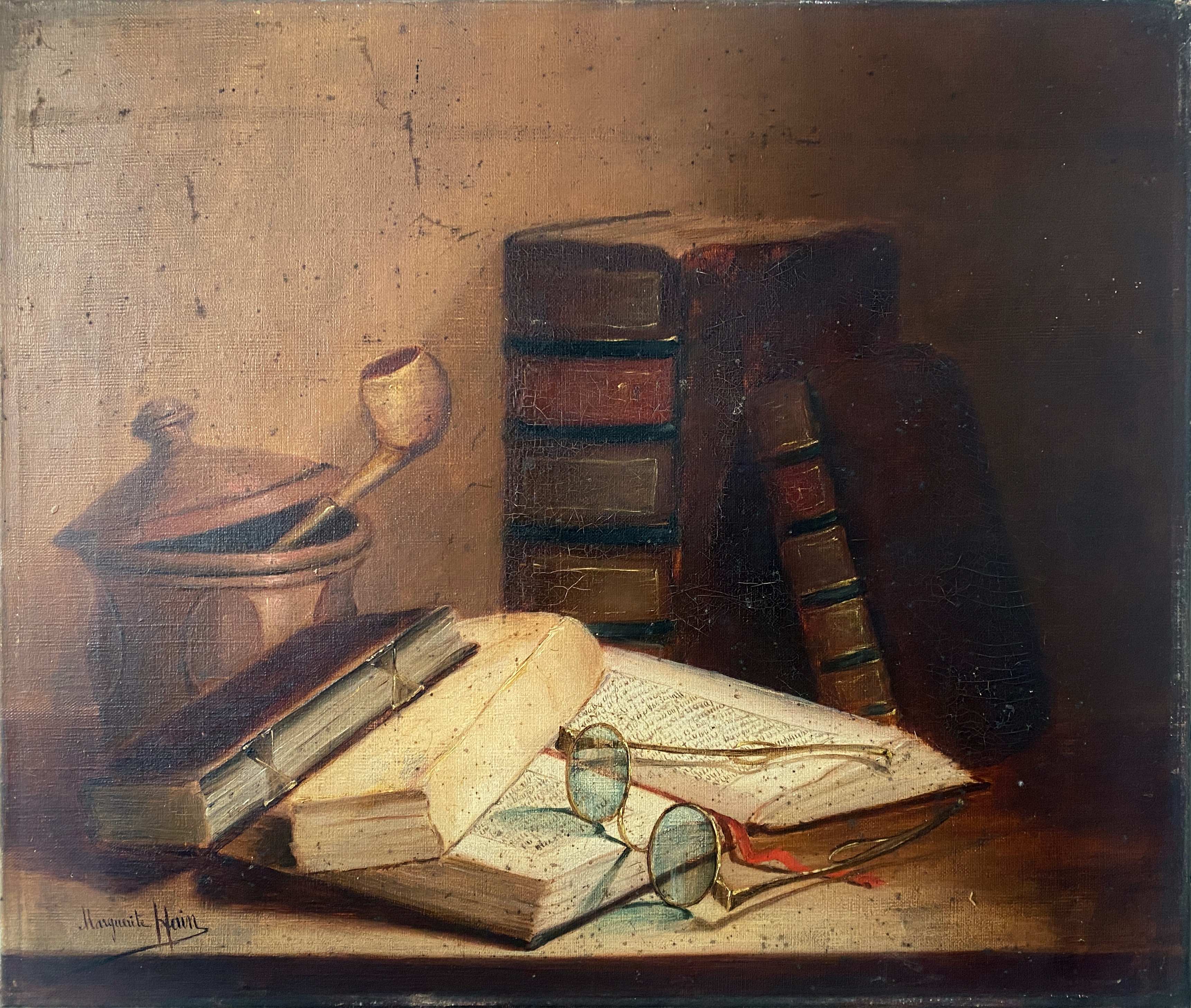 Painting "Still life Books and glasses" HST signed Marguerite Hain XIX° century