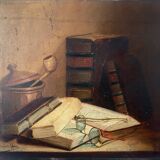 Painting "Still life Books and glasses" HST signed Marguerite Hain XIX° century