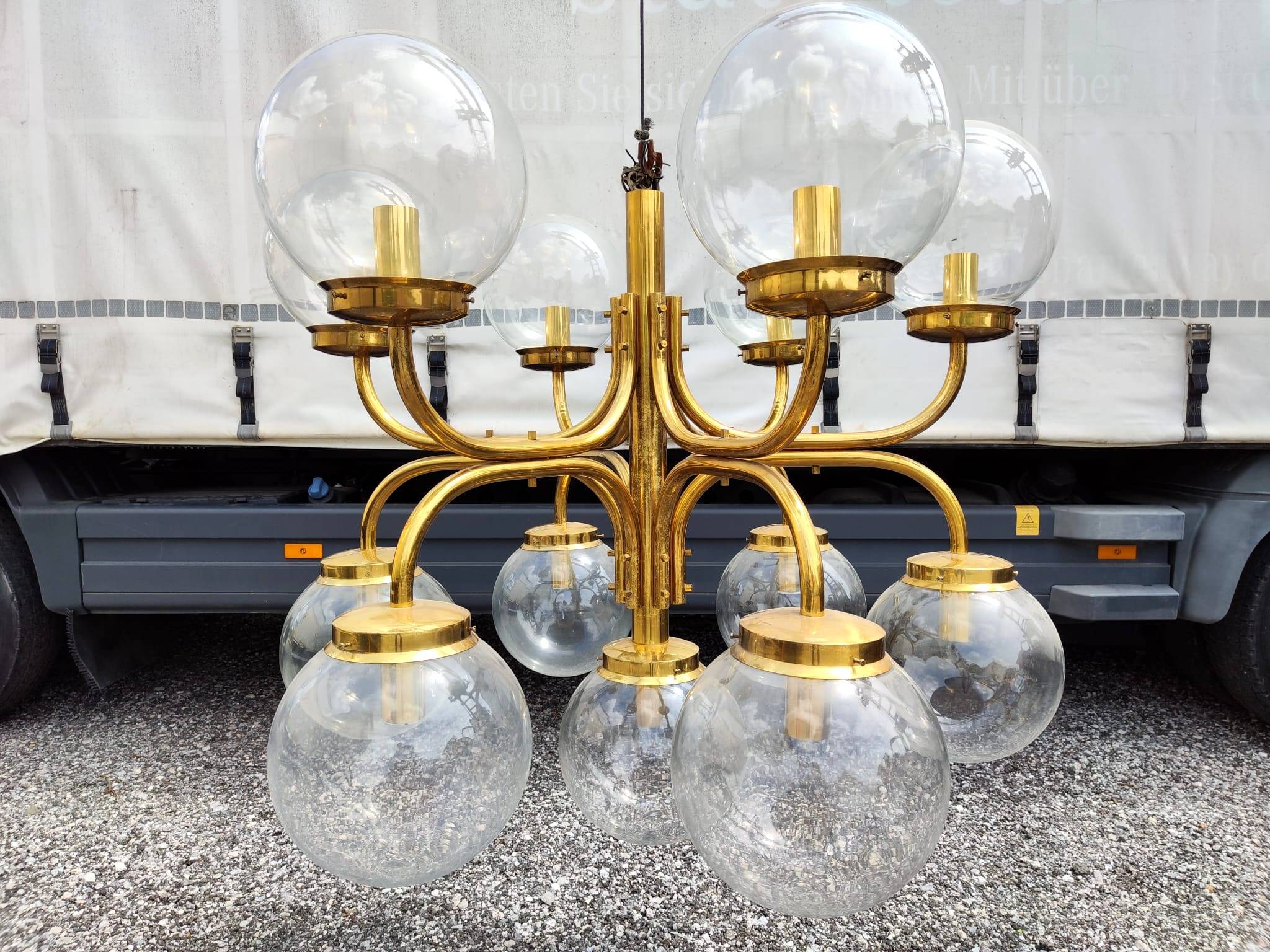 Large Vintage Brass Chandelier: Mid-Century Italian 13-Bulb Pendant Light