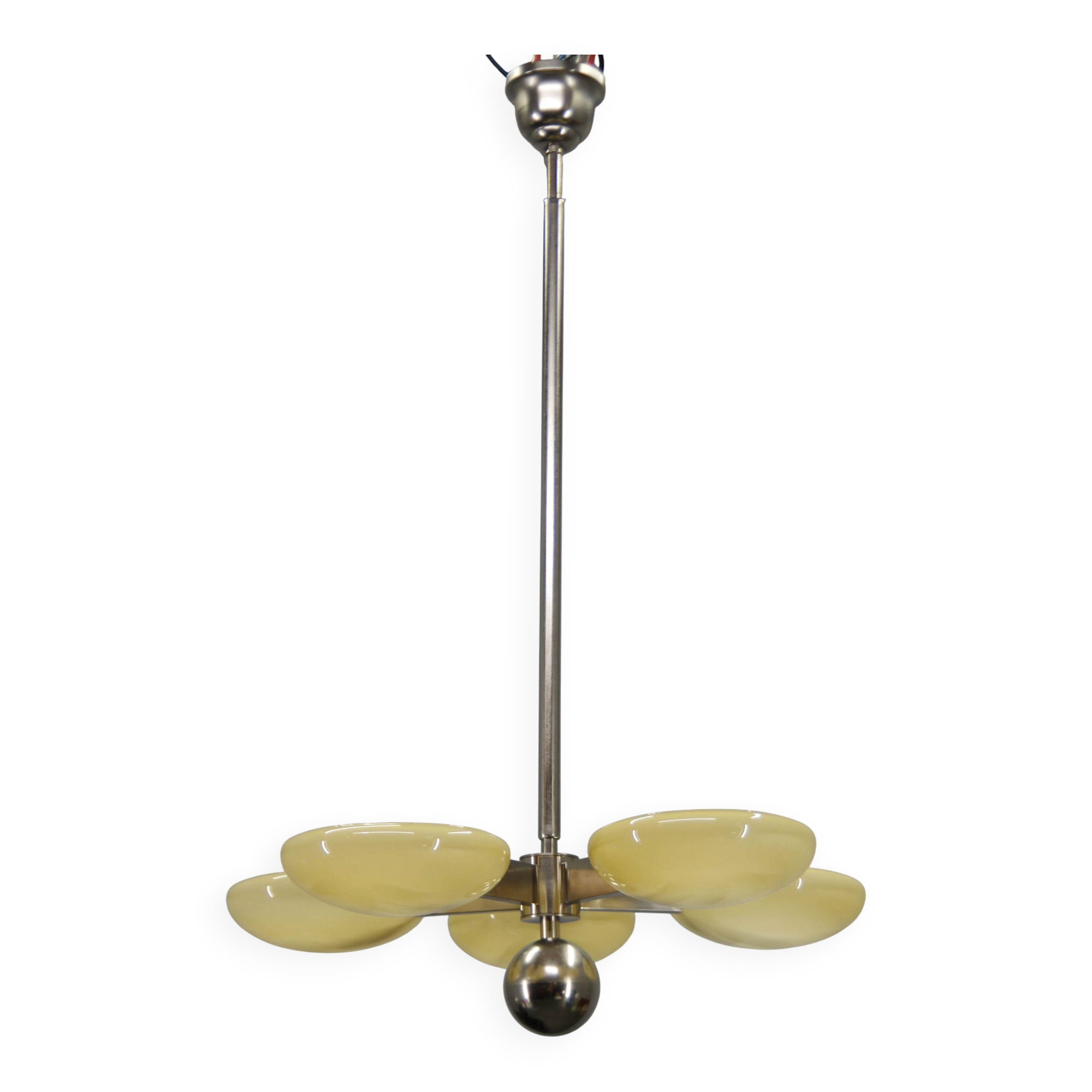 Exceptional Art Deco Functionalist Nickel-Plated Chandelier, 1930s