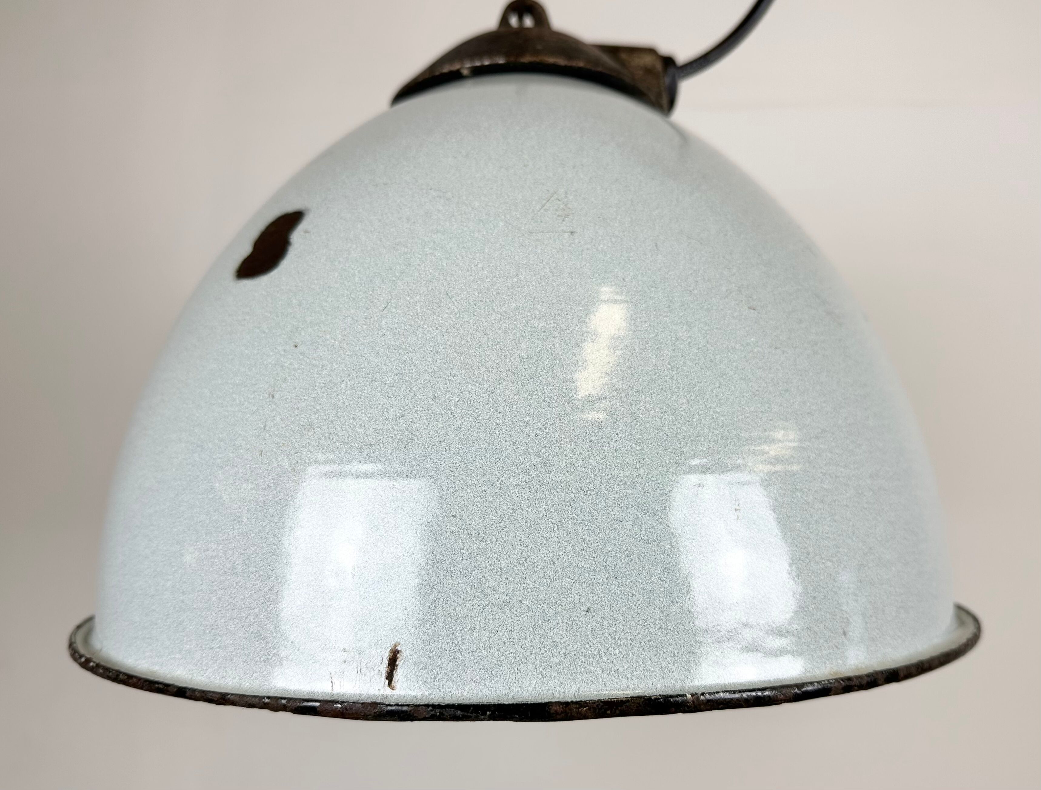 Industrial grey enamel factory lamp with cast iron top, 1960s