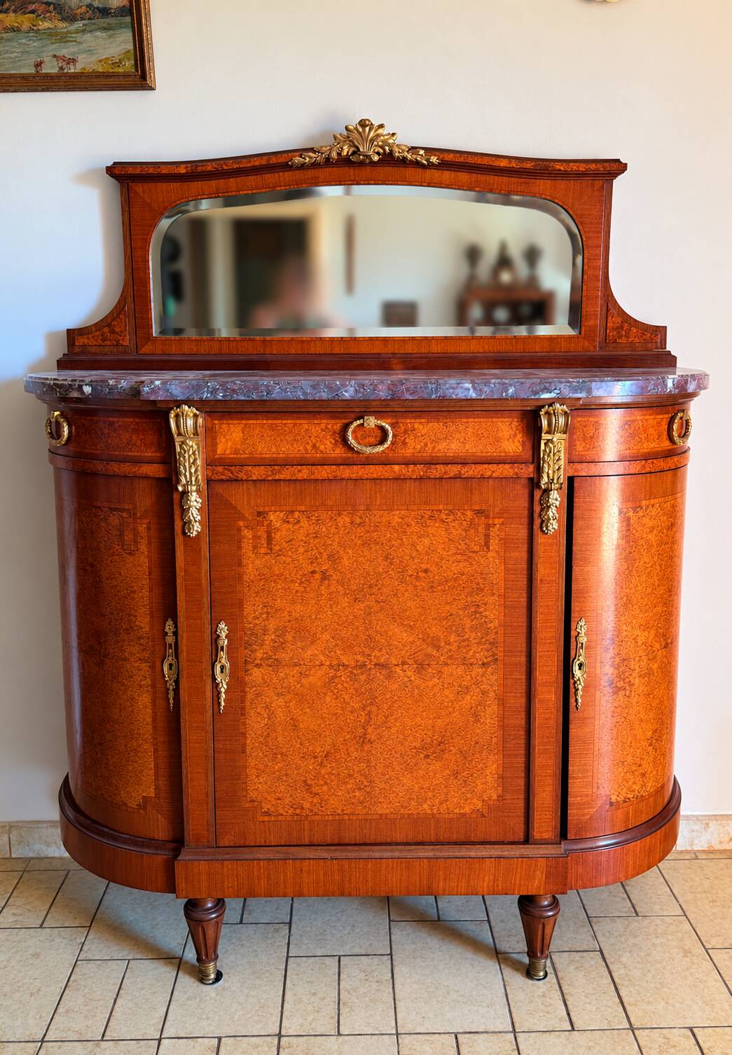 Rare antique buffet with marble, bronze, and marquetry in the Louis XVI style.