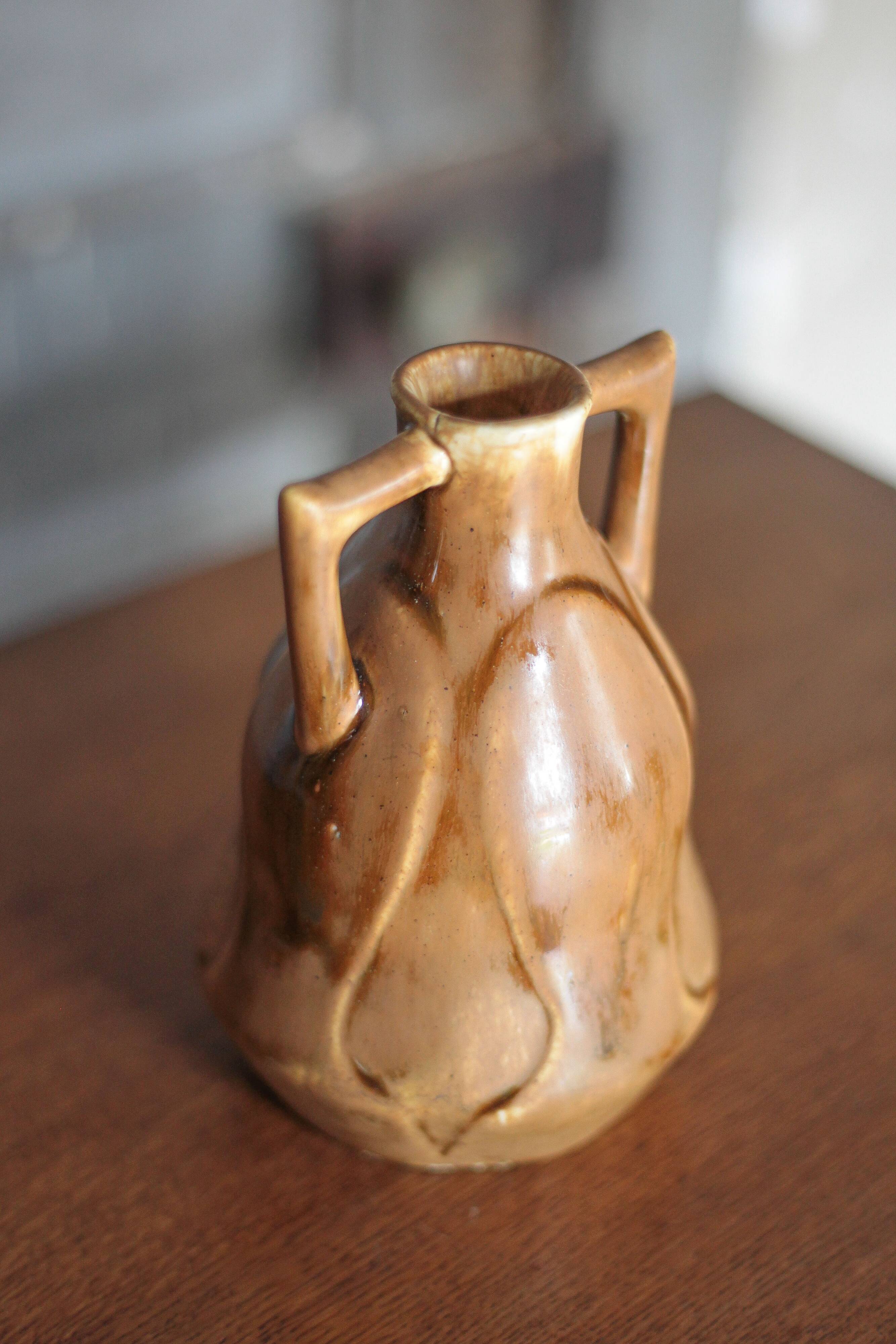 Vintage glazed ceramic vase, small vase with handles, interior decoration