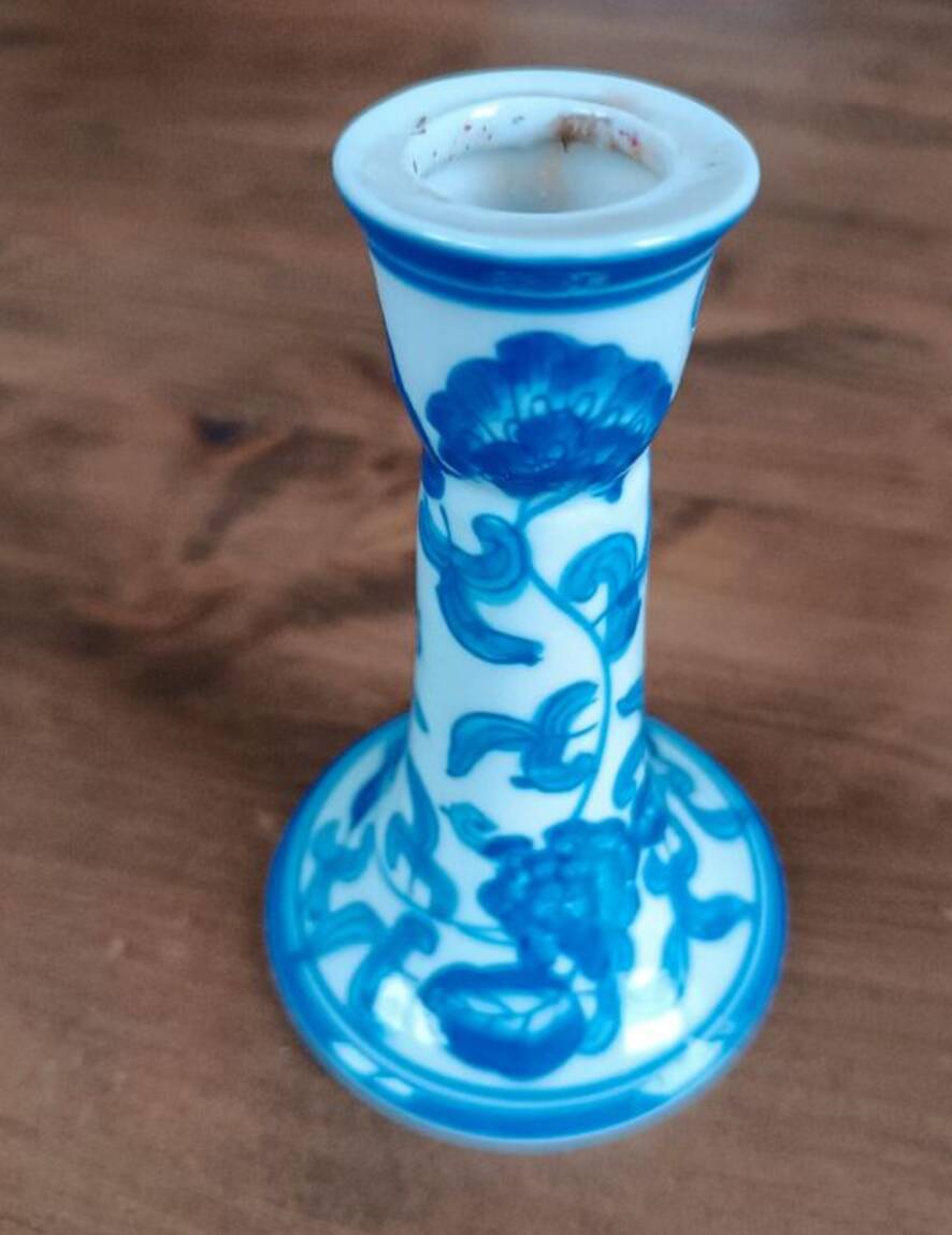 vintage blue and white ceramic candle holder