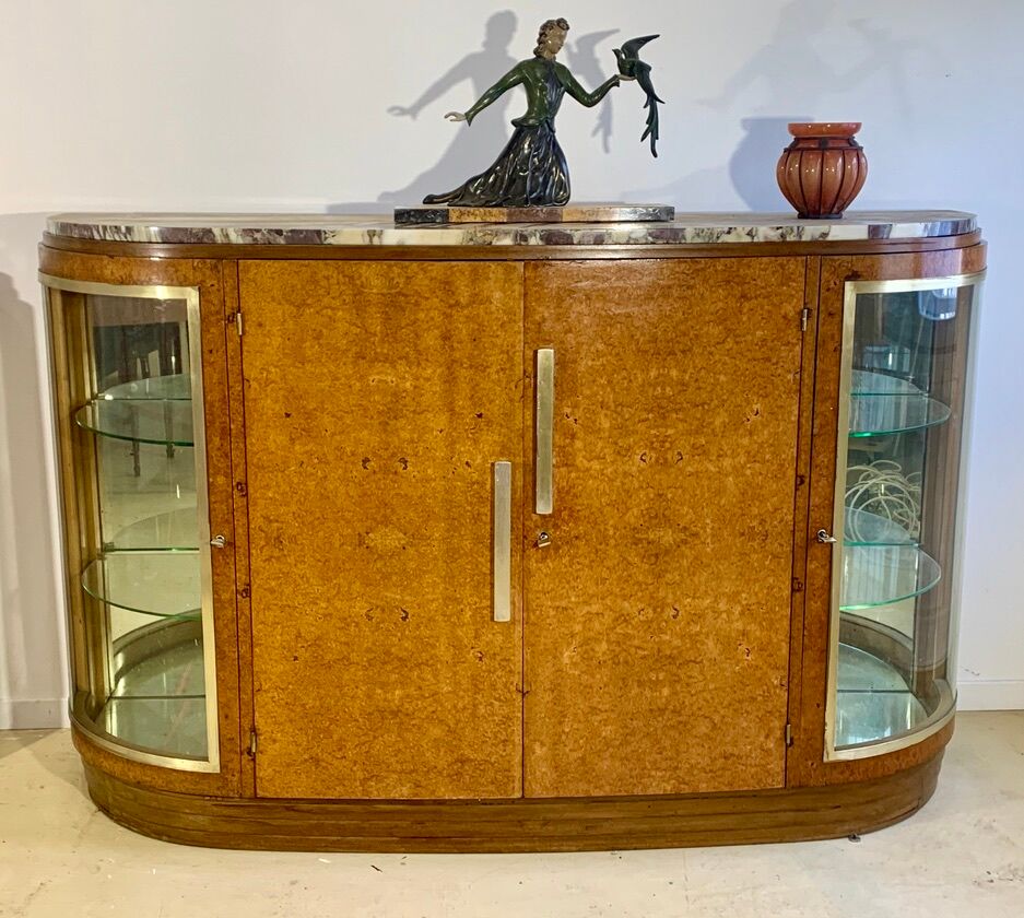 Art Deco period sideboard in precious wood veneer, Loupe d'Amboine