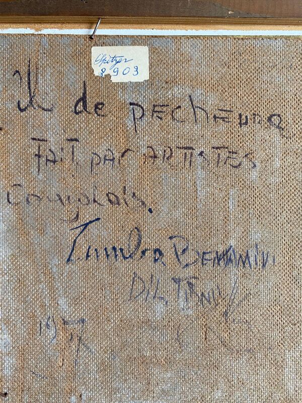 Tableau HSP 1957 ''Village de pêcheurs'' Congo signé Orientaliste Afrique