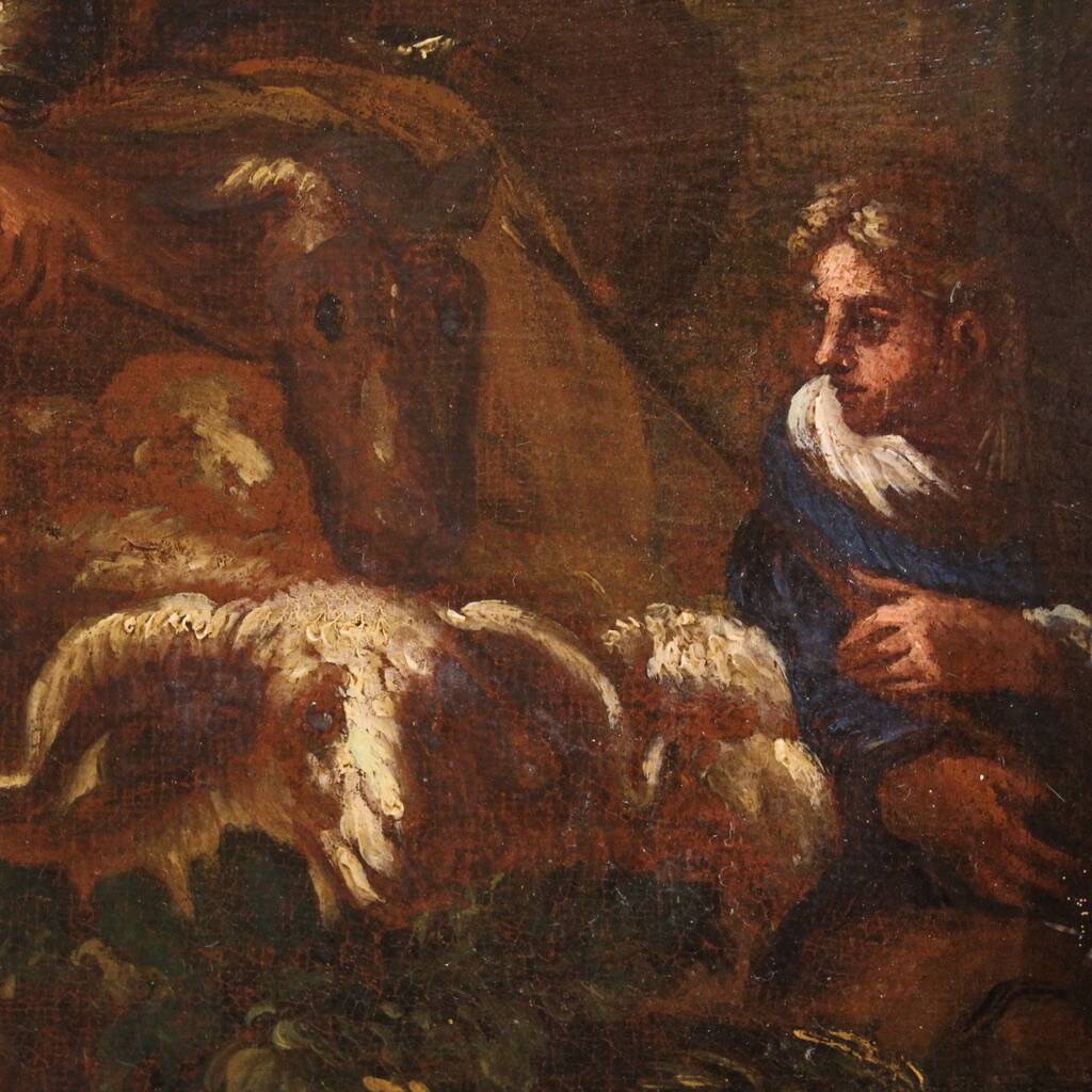 Peinture italienne antique du XVIIIe siècle, paysage avec scène pastorale