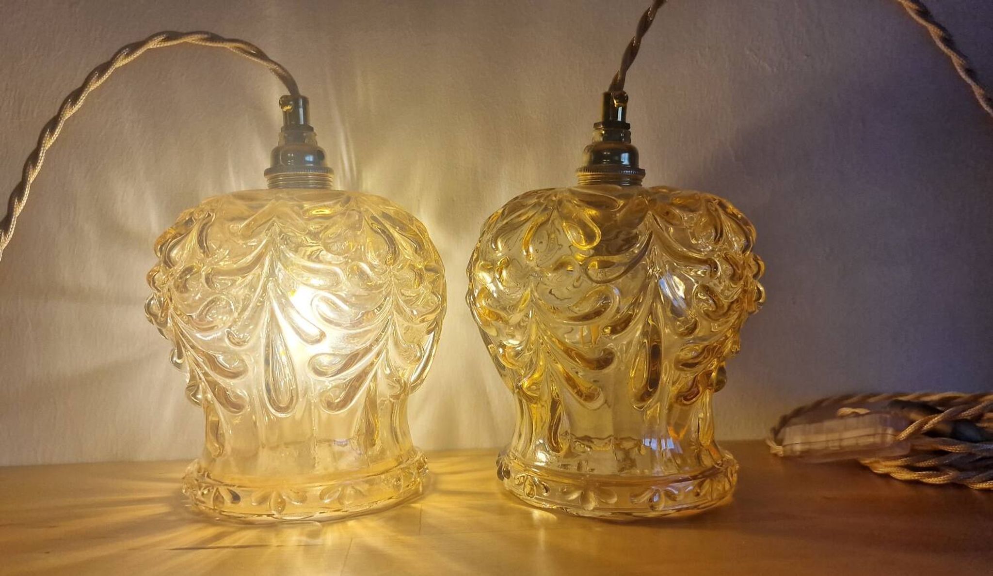 Duo of amber molded glass portable lamps