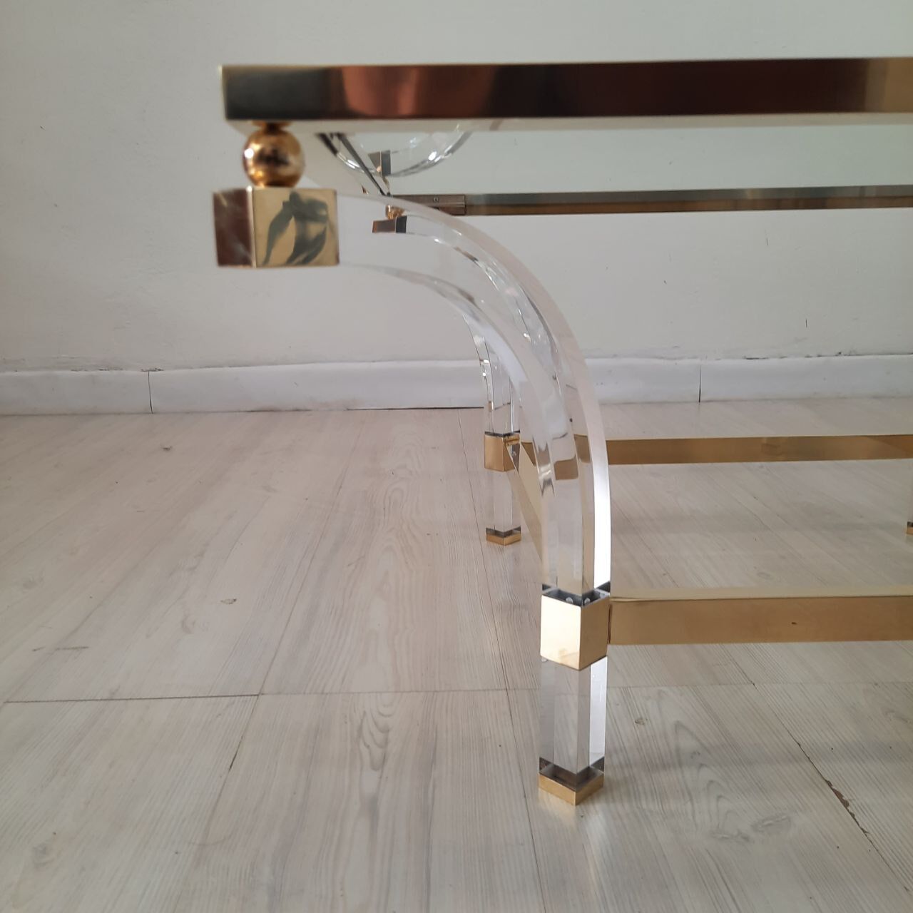 Square coffee table, lucite, brass and glass, Hollywood Regency