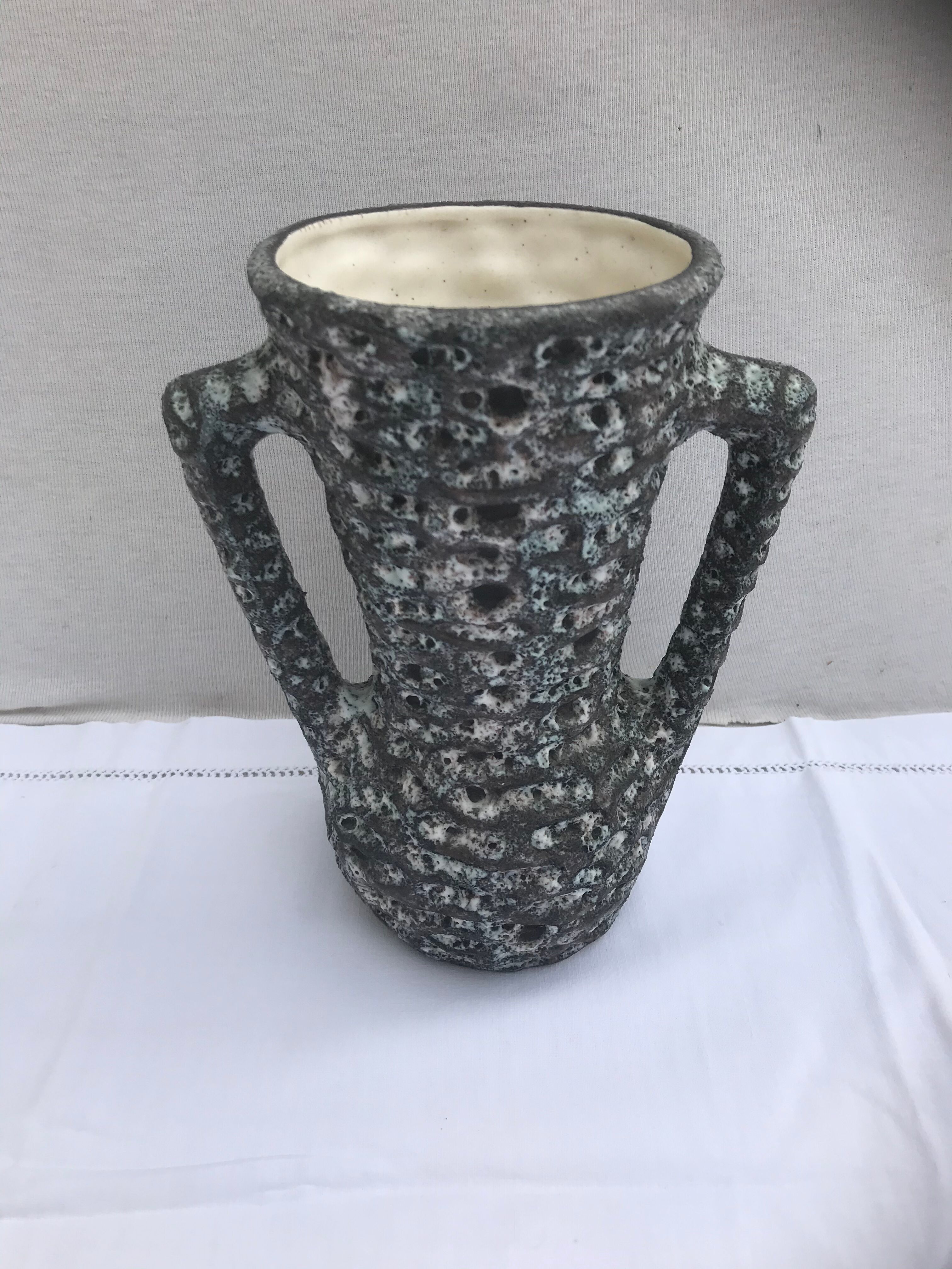 Vintage vase with grey & white skimmer ceramic handles
