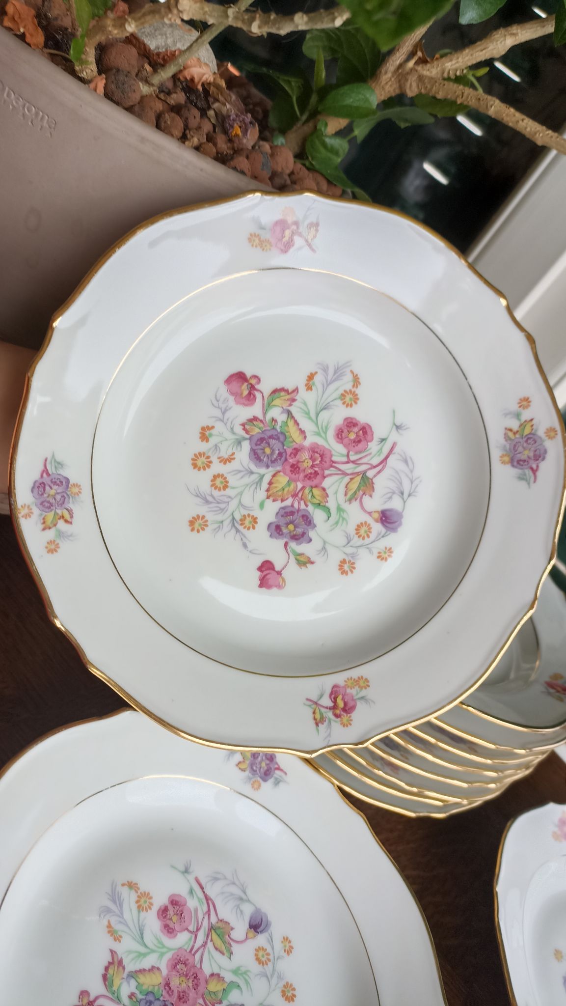 12 semi-hollow plates in Vierzon porcelain decorated with flowers and gilding