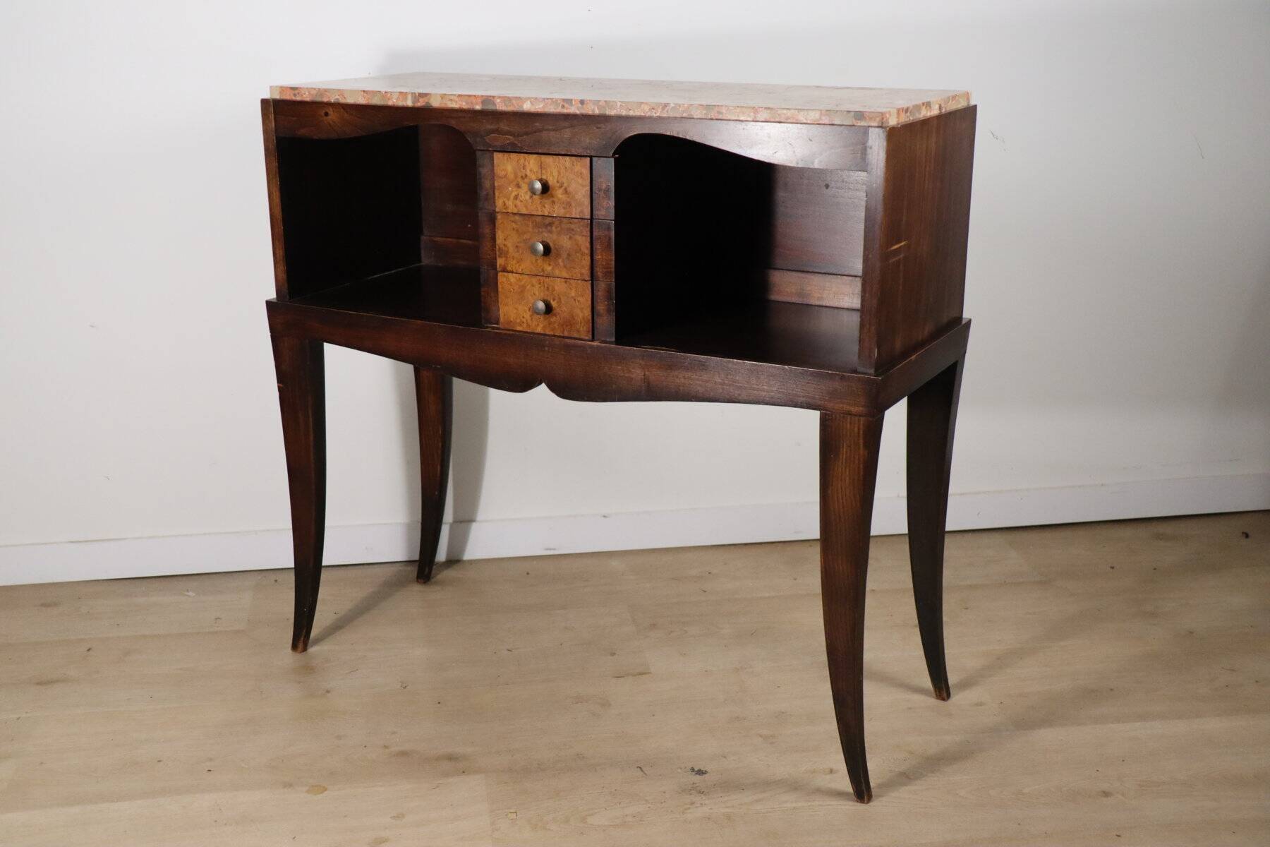 Vintage wooden and marble console table – classic style curved legs, 1950s