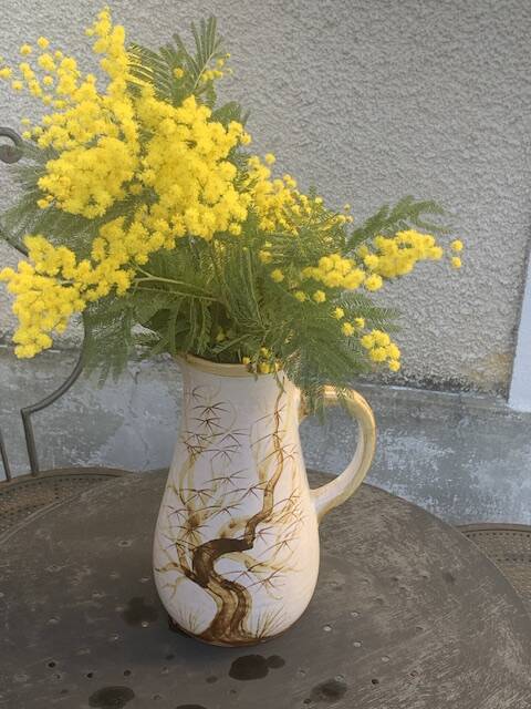 Vase, enameled ceramic jug, chiseled tree motif, west germany vintage 1970, numbered 3047