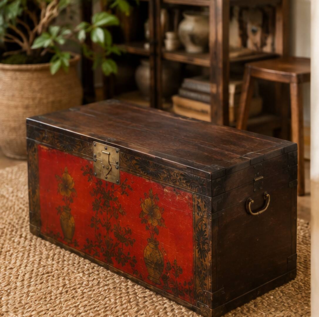 Antique Chinese Red Lacquered Trunk with Hand-Painted Floral Decorations