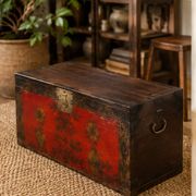 Antique Chinese Red Lacquered Trunk with Hand-Painted Floral Decorations