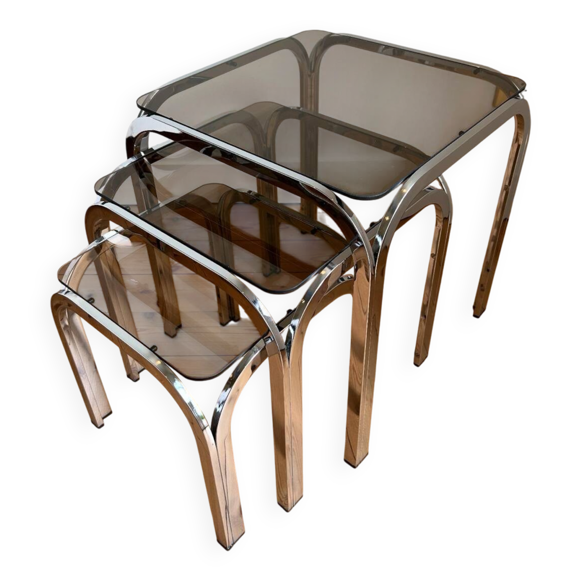 Set of 3 Roche Bobois nesting tables in smoked glass