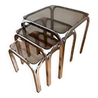 Set of 3 Roche Bobois nesting tables in smoked glass