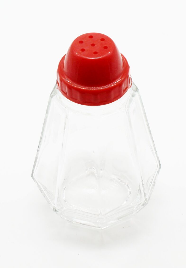 Glass salt and pepper and red bakelite
