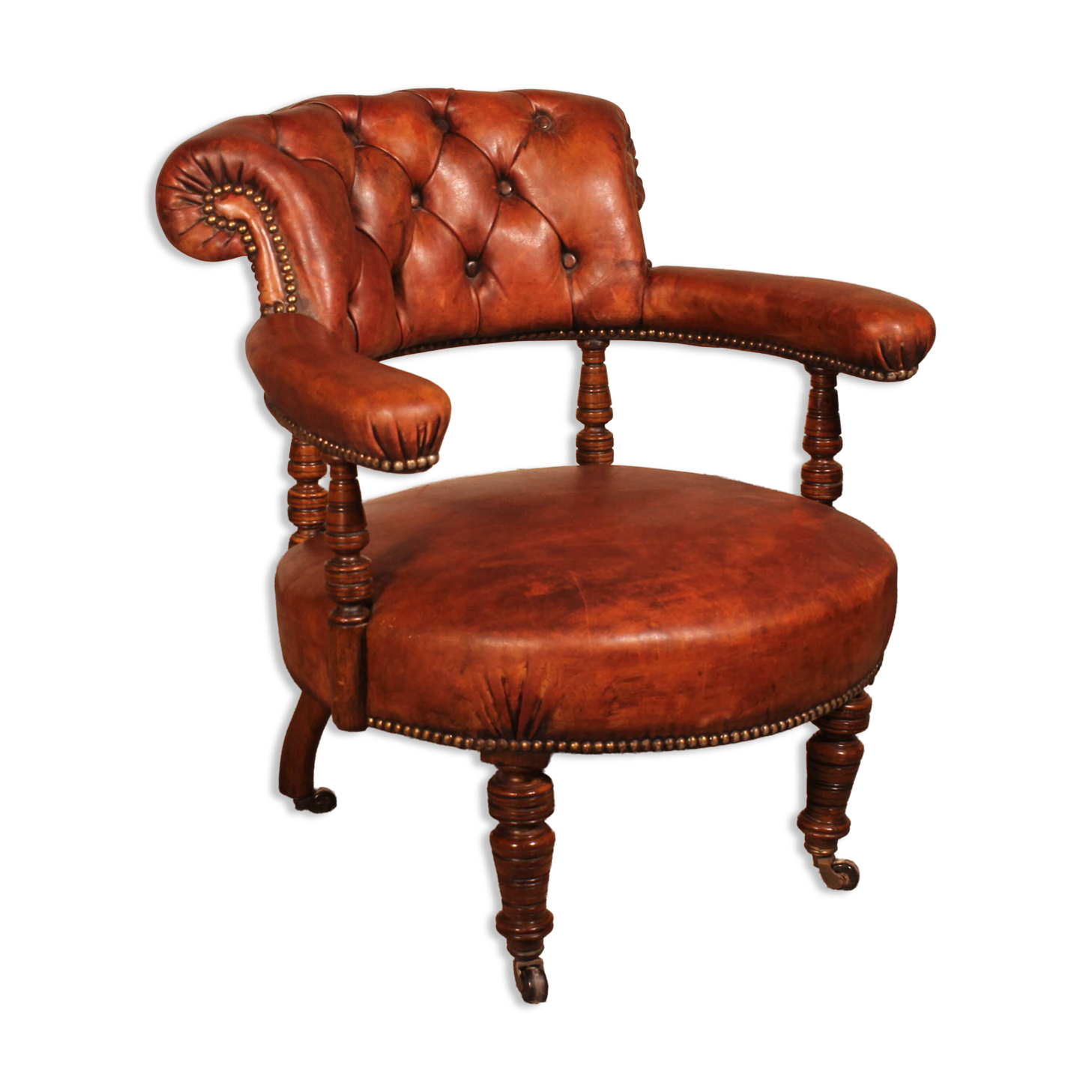 small shepherdess or armchair in mahogany and cognac leather - 19th century