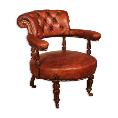 petite bergère ou Fauteuil En Acajou Et Cuir cognac anglais - 19° siècle