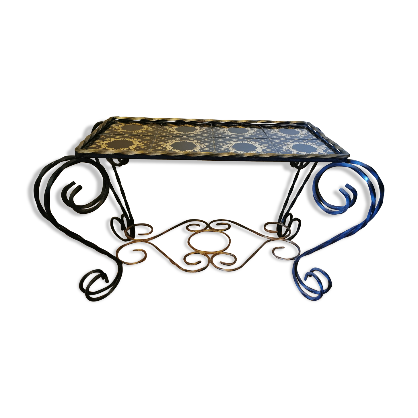 Vintage coffee table wrought iron and black and gold ceramic