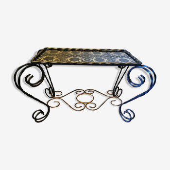 Vintage coffee table wrought iron and black and gold ceramic