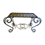 Table basse vintage fer forgé et céramique noire et dorée