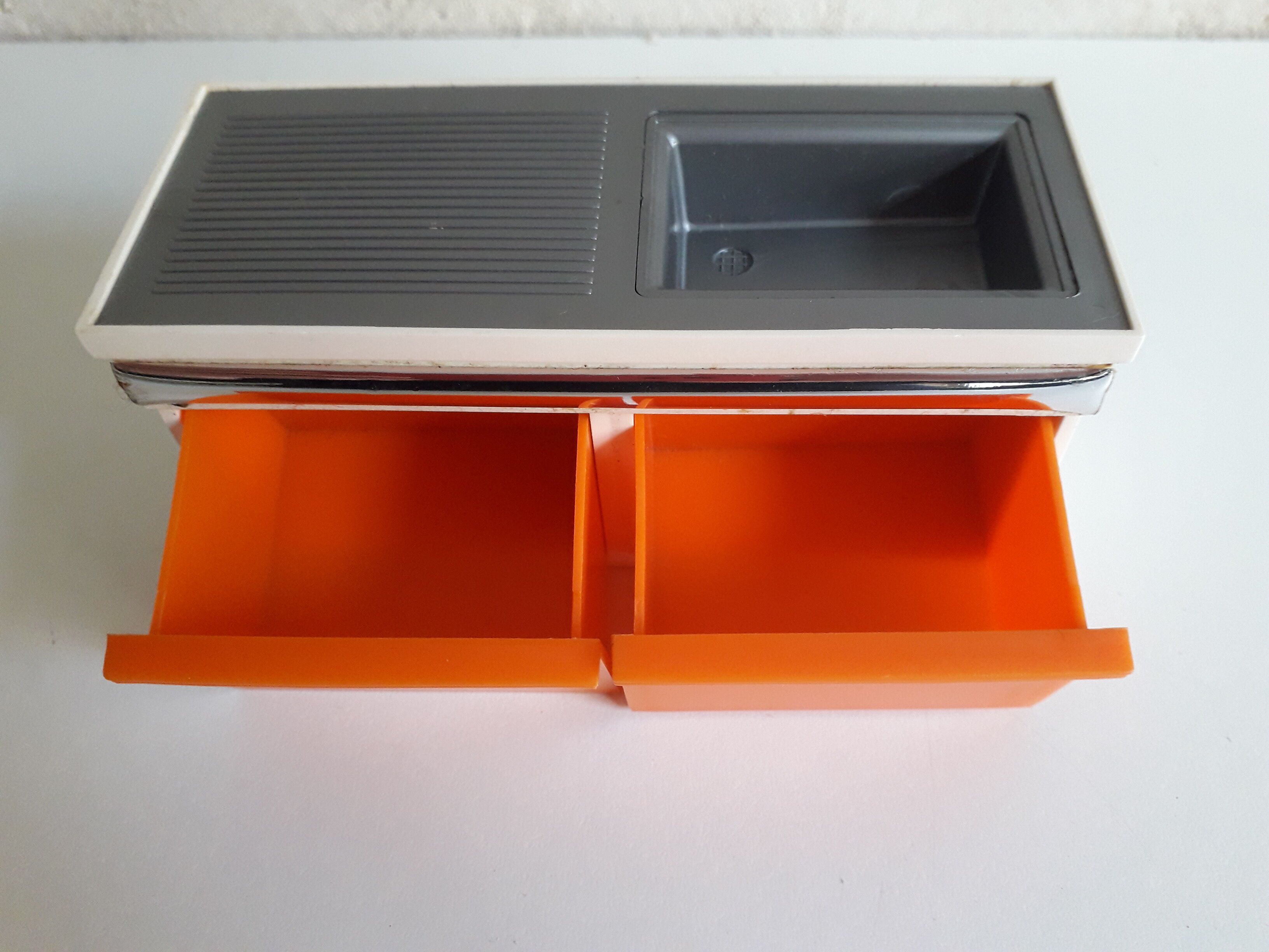 Doll furniture, orange vintage kitchen toy