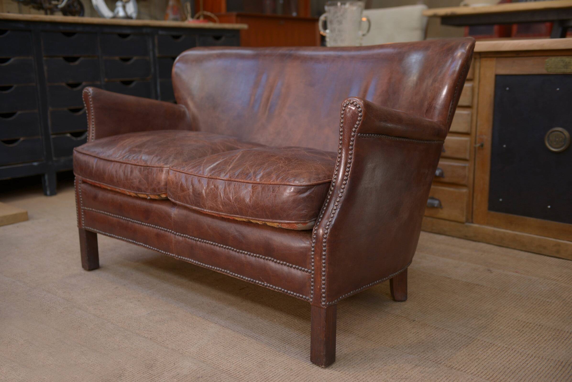 Small Vintage Bench Sofa Studded Leather Sofa 1970s