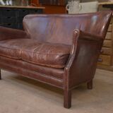Small Vintage Bench Sofa Studded Leather Sofa 1970s