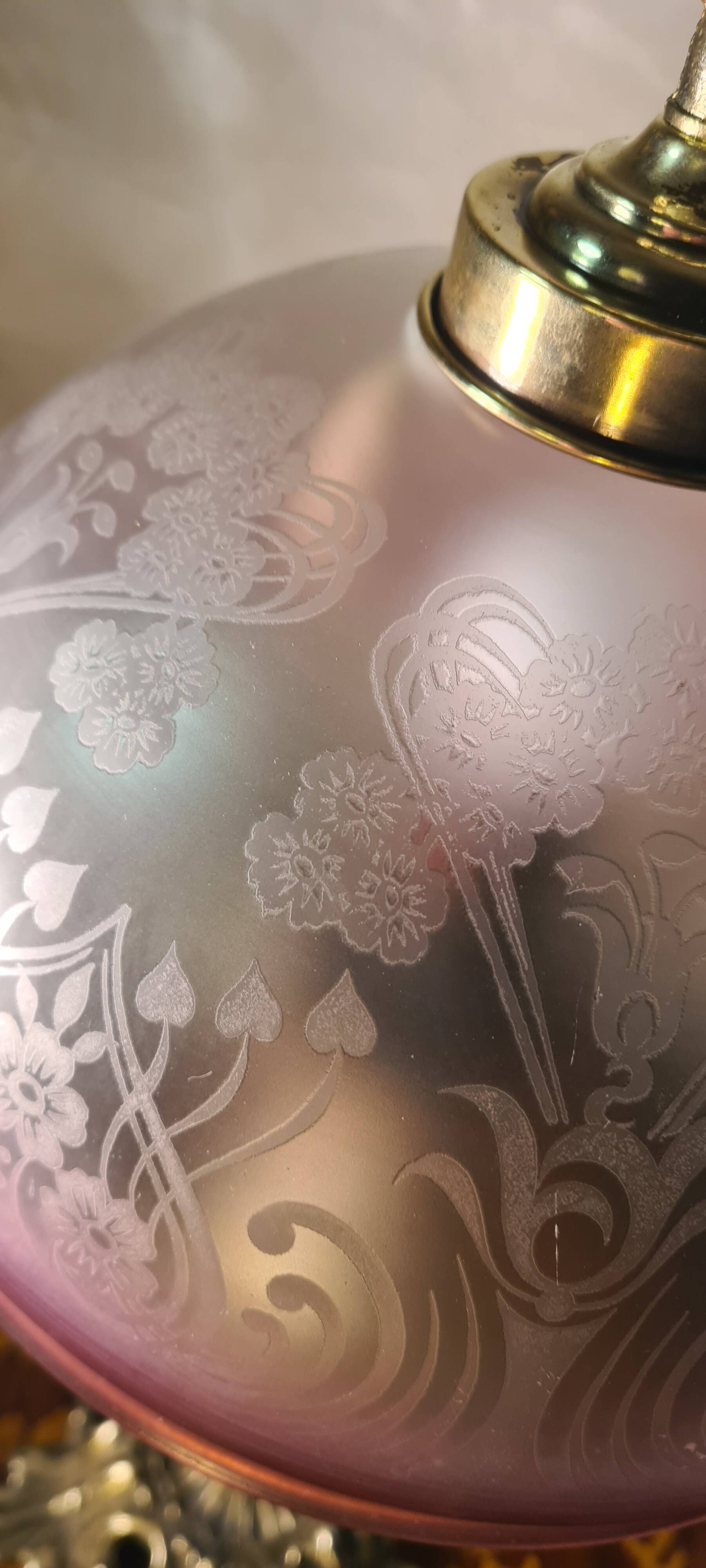 bronze lamp and tinted & acid-etched glass lampshade / Art Nouveau, period product