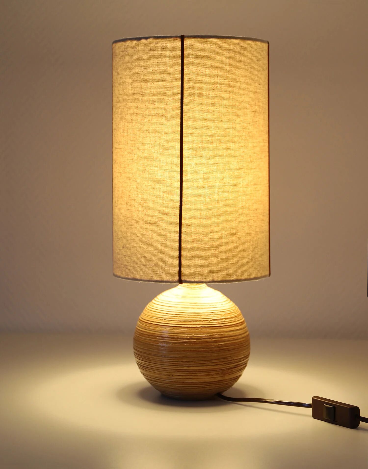 Recycled vintage lamp — honey ceramic base, natural linen shade