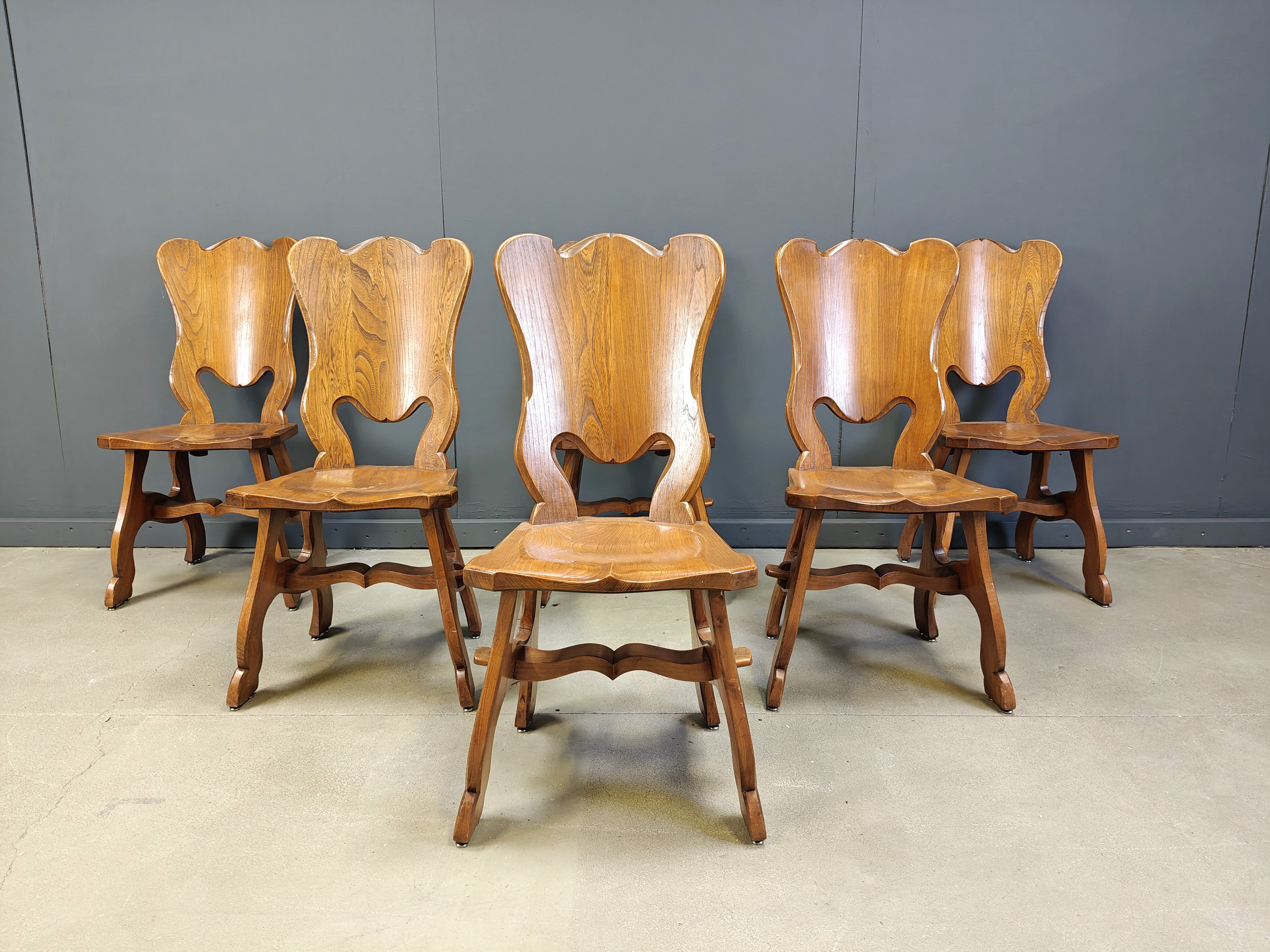 Brutalist oak dining chairs, Netherlands - 1960s