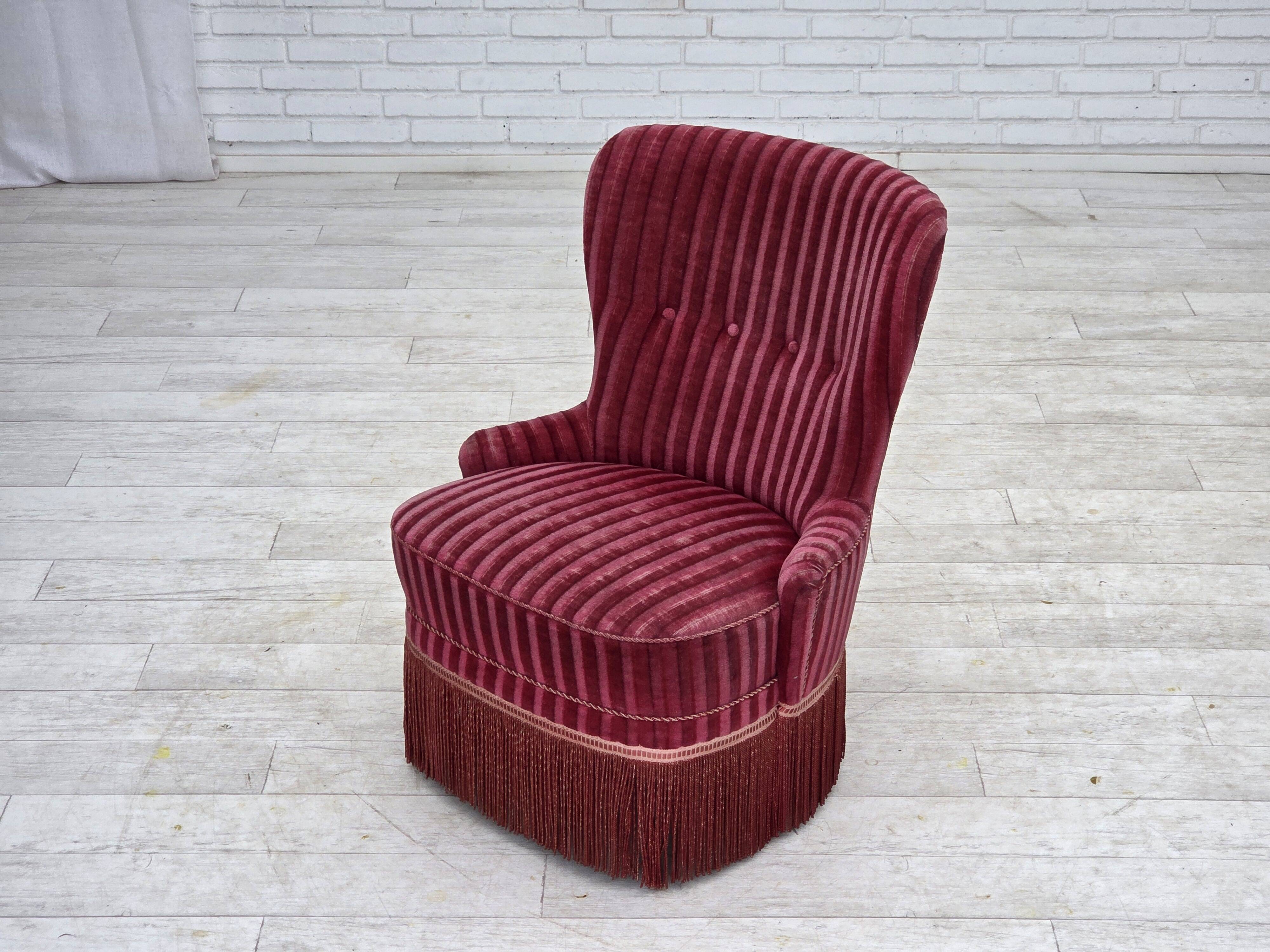 1960s, Danish armchair, original striped red furniture velour.