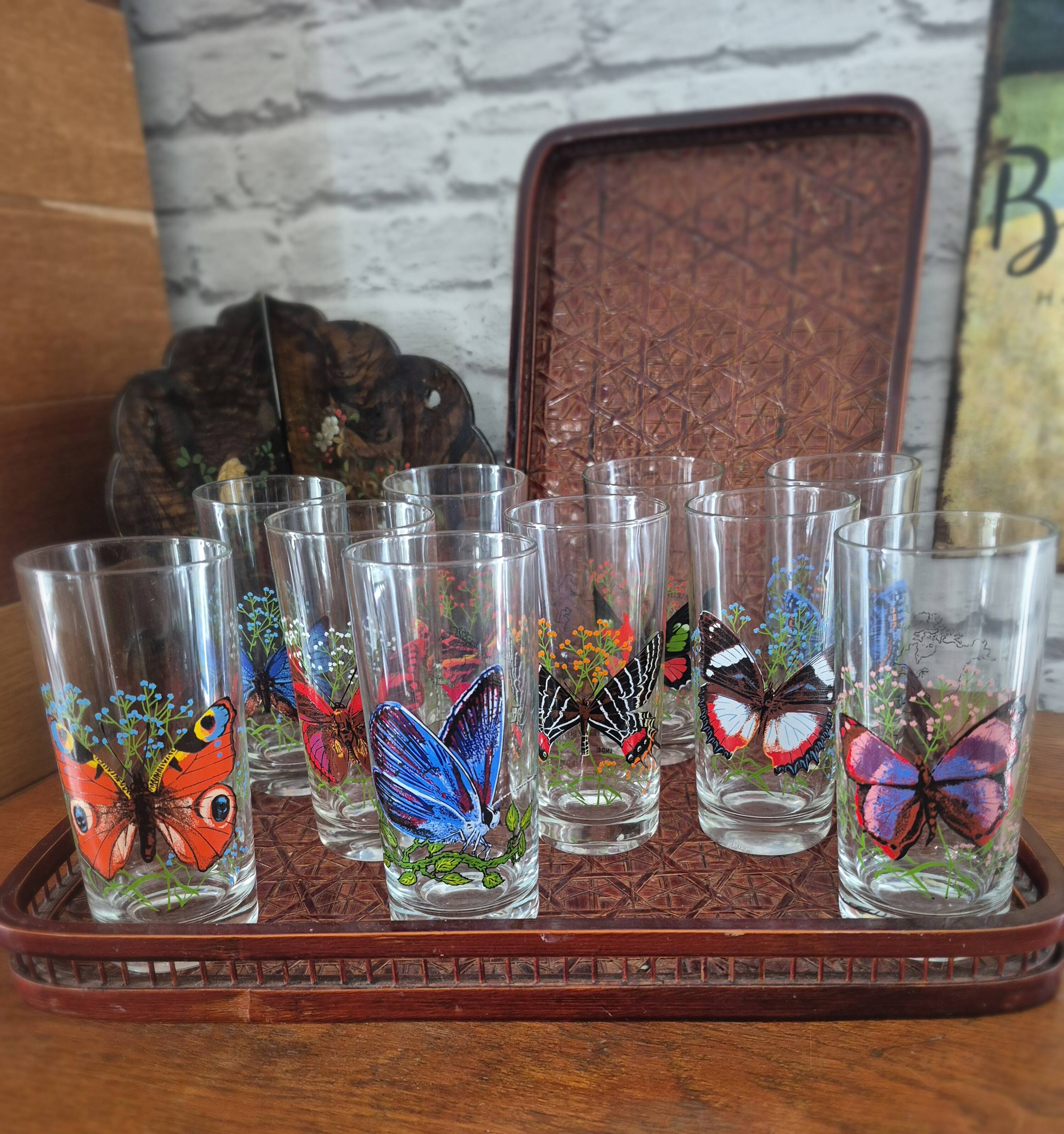 Set of 10 butterfly glasses from the Reims glassworks, vintage.