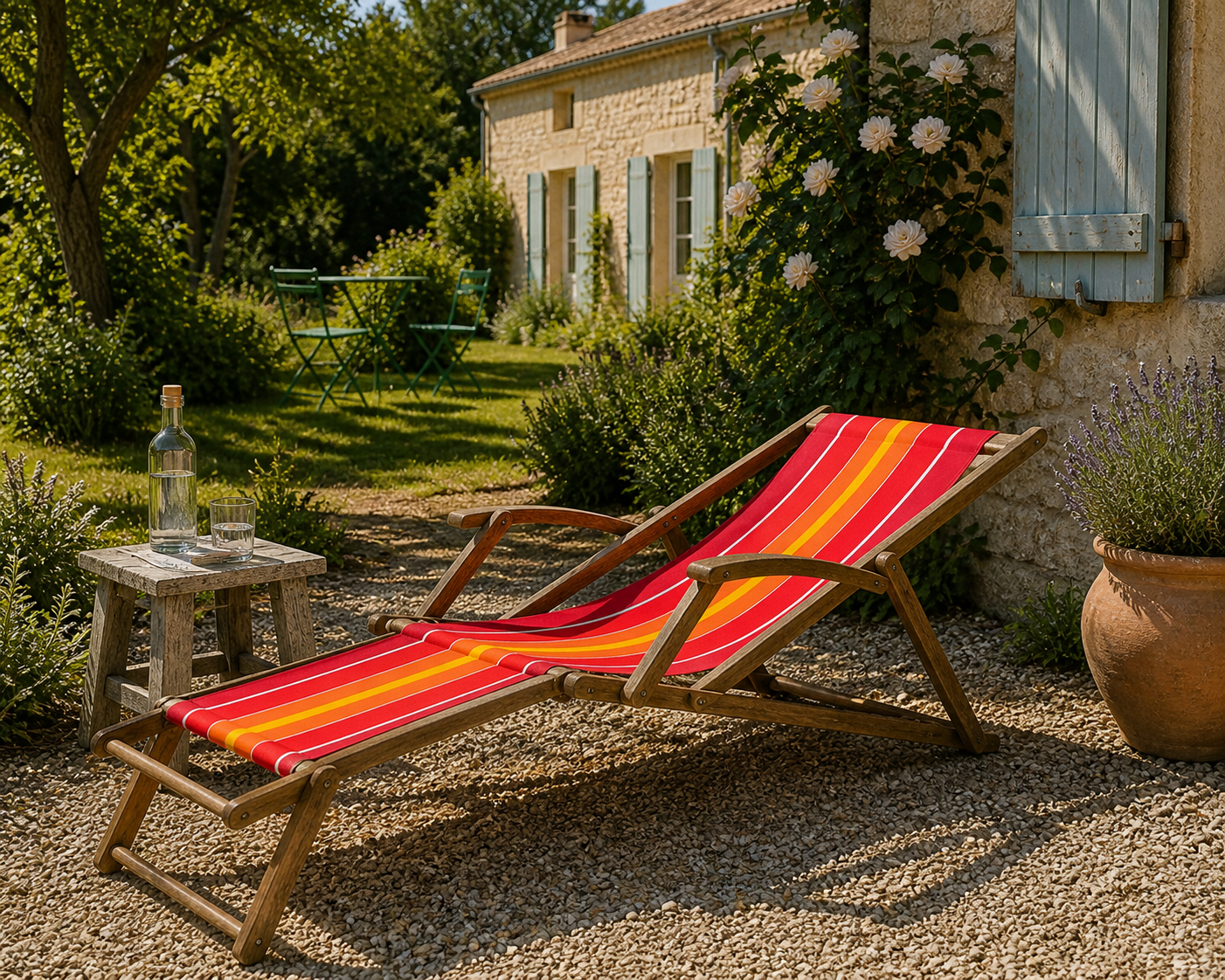 Vintage deck chair with red and orange striped fabric, original patina.