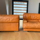 Paire de fauteuils vintage Gérard Guermonprez cuir fauve et inox, France 1970