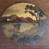 Old wooden serving tray with marquetry drawing