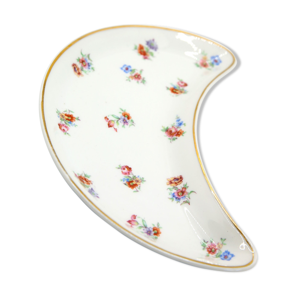 Ravier lune aux motifs de fleurs et liseré or en porcelaine de Limoges