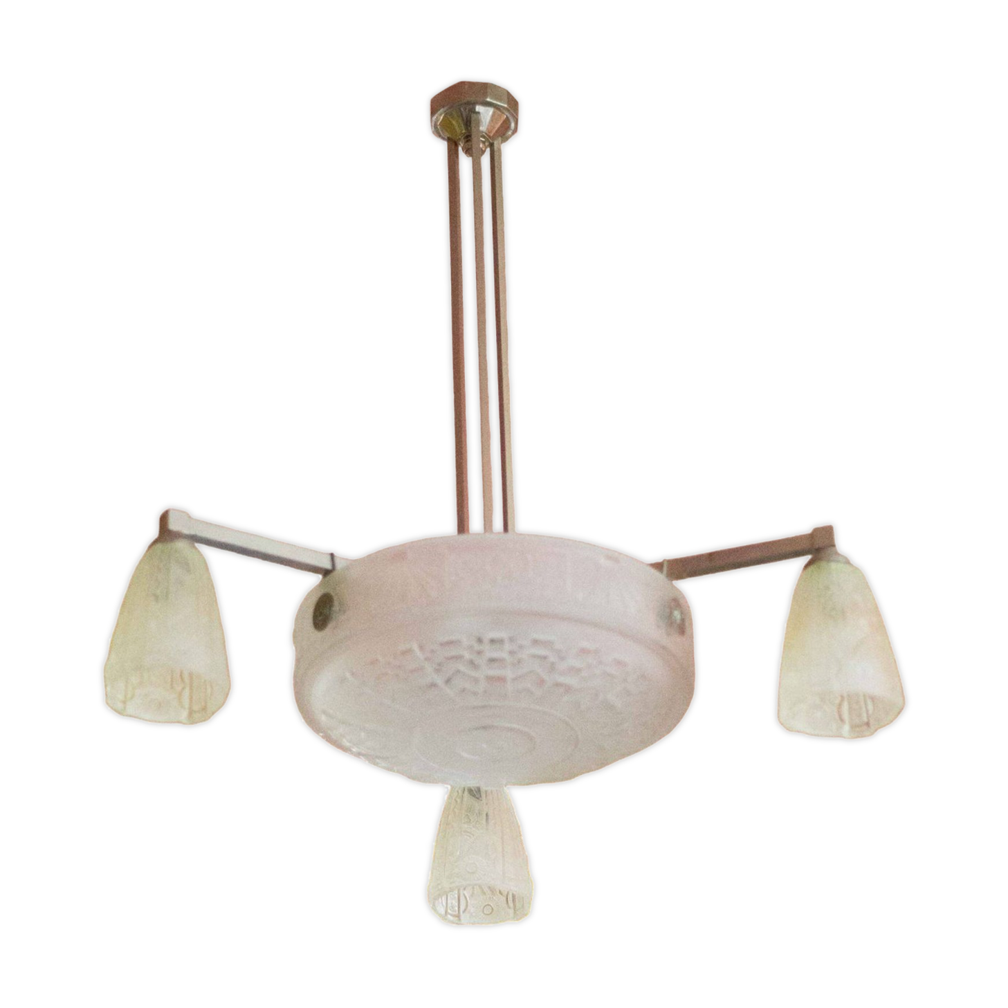 Art deco nickel plated bronze chandelier with art deco tulip glass, ceiling lamp, art deco pendant light, 30