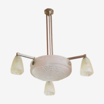 Lustre art déco bronze nickelé avec verre tulipe art déco, lampe de plafond, suspension art déco, 30