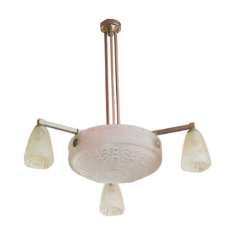 Art deco nickel plated bronze chandelier with art deco tulip glass, ceiling lamp, art deco pendant light, 30