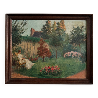 Huile sur toile scène de parc avec une femme assise dans un fauteuil